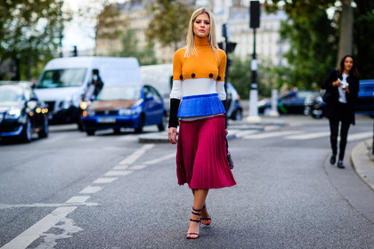 atmosphere details, blue skirt, céline, fashion week, frenchystyle, full length, FW, graphic sweater, high heels, horizontal, jonathan paciullo, lala rudge, lala trussardi, leather shoes, multicolor skirt, multicolor sweater, PARIS, PFW, pleated skirt, pleats, red skirt, SPRING SUMMER 2017, SS 17, street style, striped sweater