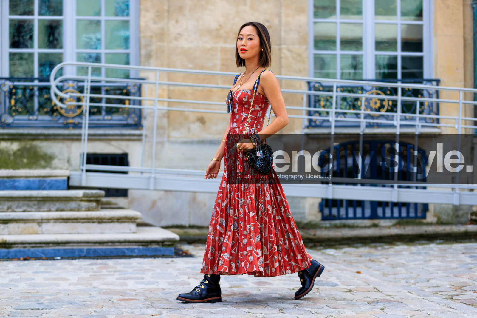 aimee song, atmosphere details, black bag, black shoes, bracelet, christian dior, embroidered bag, fashion week, floral, flowers, frenchystyle, full length, FW, graphic bag, graphic dress, horizontal, jonathan paciullo, leather bag, leather shoes, PARIS, PFW, pleated dress, printed bag, printed dress, red dress, SPRING SUMMER 2018, SS 18, street style