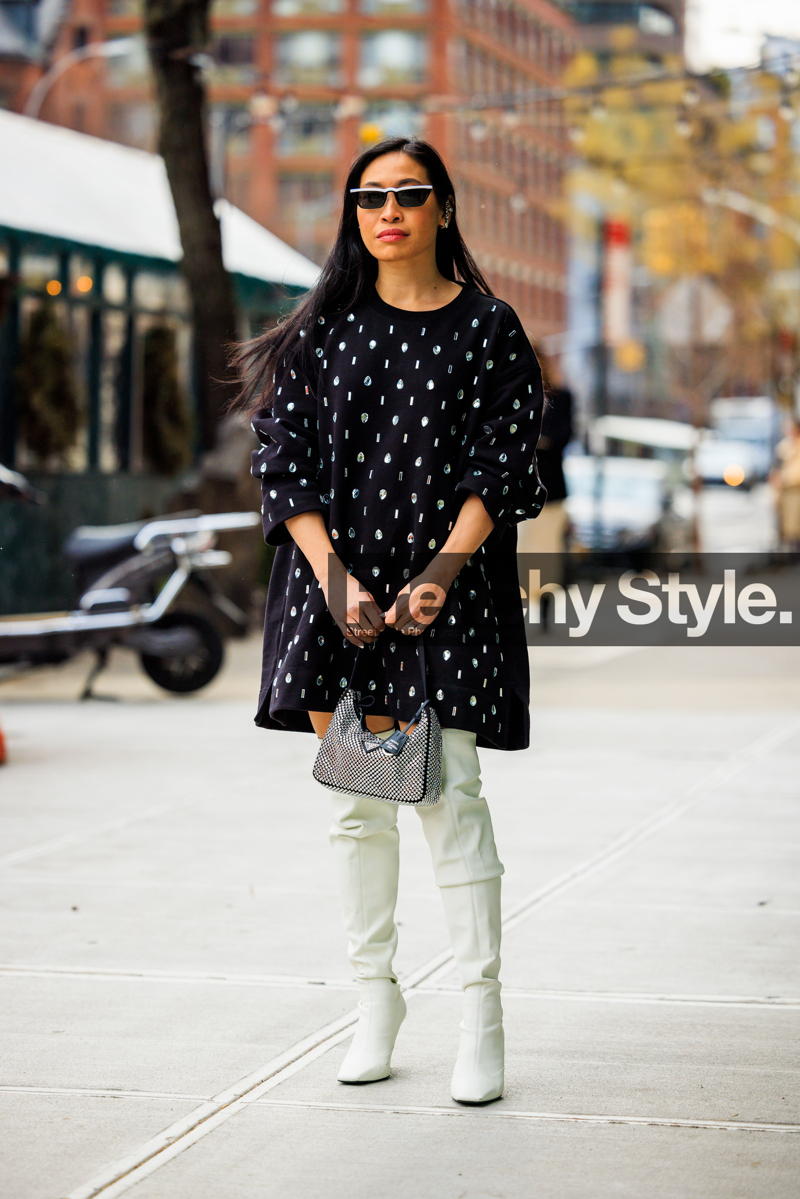 black dress with gems, white highknee boots, studded prada bag, black sun glasses, fashion week, frenchystyle, FW, jonathan paciullo, street style, NYFW, NEW YORK, AUTUMN WINTER 2022-2023, FALL WINTER 2022_2023, FW 22-23, vertical, full length