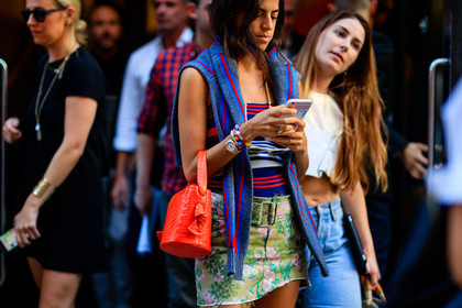 atmosphere details, bracelet, detail, fashion week, floral, flower, frenchystyle, FW, green skirt, horizontal, iphone, jonathan paciullo, leandra medine, leather bag, NEW YORK, NYFW, printed skirt, red bag, SPRING SUMMER 2017, SS 17, street style, striped sweater, woman