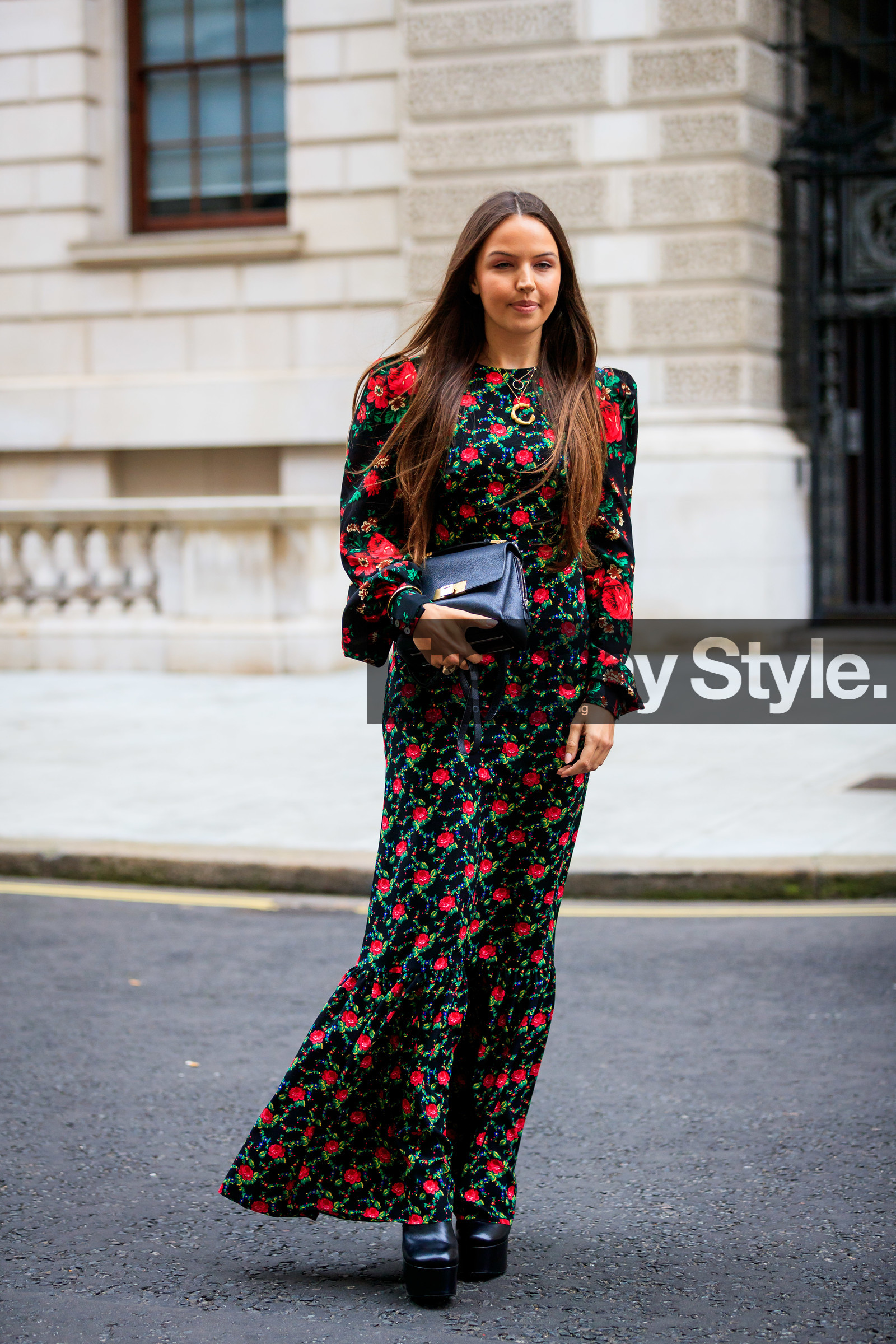 black bag, black dress, black shoes, celenie laura fleur, floral, flowers, graphic dress, green, high heels, leather bag, leather shoes, printed dress, red, street style, jonathan paciullo, FW, frenchystyle, fashion week, LFW, LONDON, AUTUMN WINTER 2019-2020, AW 19-20, FW 19-20, FALL WINTER 2019-2020, vertical, full length