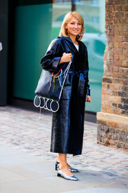 ballerinas, black bag, black coat, earrings, graphic bag, leather bag, leather coat, leather shoes, loewe, printed bag, shiny shoes, silver shoes, trench coat, fashion week, frenchystyle, FW, jonathan paciullo, street style, LFW, LONDON, SPRING SUMMER 2019, SS 19, vertical, full length