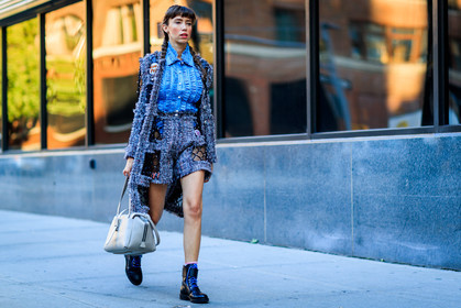 atmosphere details, black boots, blazer, blue shirt, braids, fashion week, frenchystyle, full length, FW, grey bag, horizontal, jonathan paciullo, leather bag, NEW YORK, NYFW, ruffles, SPRING SUMMER 2018, SS 18, street style, tweed jacket, tweed shorts