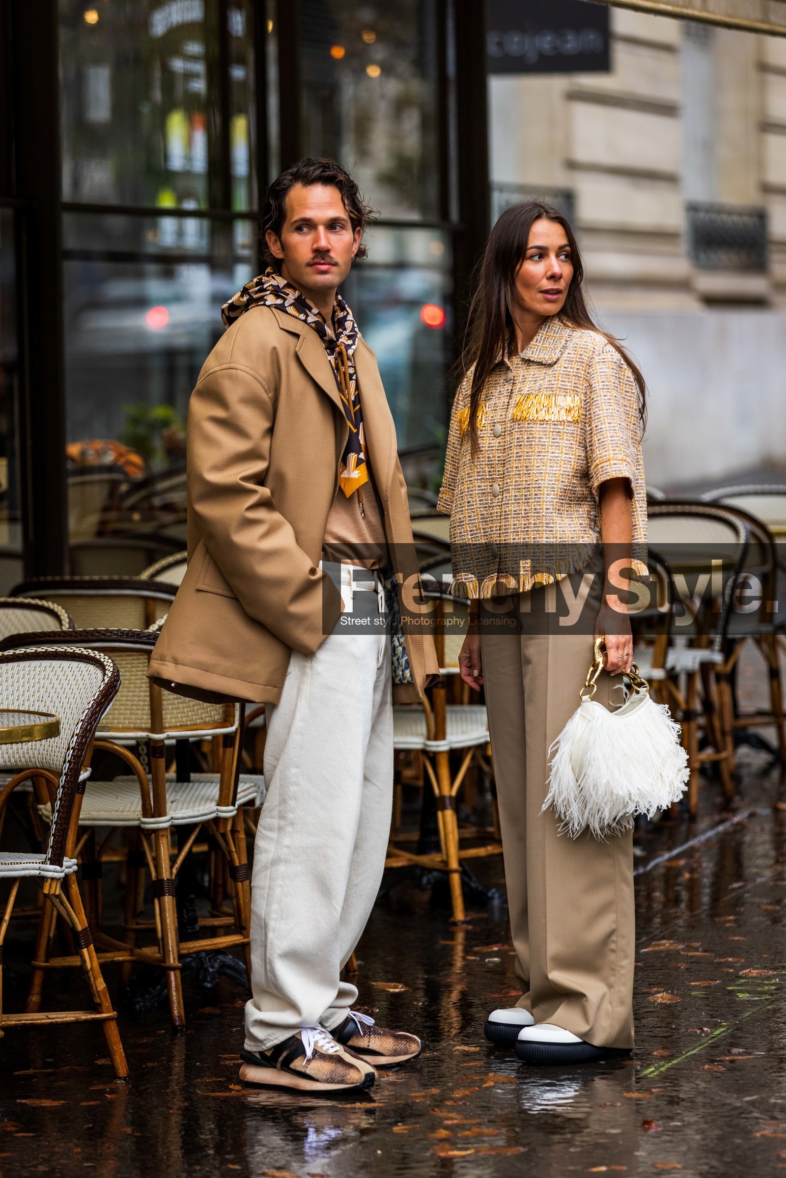 beige blazer, beige sneakers, blazer, brown scarf, denim, Jean Sebastien Roques, lanvin look, large pants, menswear, orange scarf, pants, print, printed scarf, scarf, sneakers, white denim, white pants, fashion week, frenchystyle, FW, jonathan paciullo, street style, PFW, PARIS, SPRING SUMMER 2022, SS 22, vertical, full length
