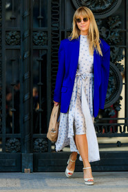 beige bag, blazer, blue jacket, floral, flowers, graphic dress, grey dress, high heels, jeanette madsen, leather bag, leather shoes, maison martin margiela, printed dress, shiny dress, sunglasses, white shoes, PARIS, PFW, street style, jonathan paciullo, FW, frenchystyle, fashion week, AUTUMN WINTER 2019-2020, AW 19-20, FALL WINTER 2019-2020, FW 19-20, vertical, full length