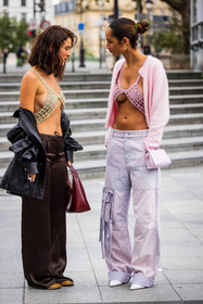 bag, black jacket, brown pants, burgundy bag, byfar bag, Camelia Bourdon, cardigan, croco bag, denim pants, duo, Emna Sellimi, jacket, leather bag, leather jacket, lila pants, low waist pants, mini bag, pants, pastel, pink bag, pink cardigan, satin pants, strass, strassed bra, white heels, fashion week, frenchystyle, FW, jonathan paciullo, street style, PFW, PARIS, SPRING SUMMER 2022, SS 22, vertical, full length