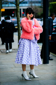 checked, fur jacket, gingham, graphic dress, graphic skirt, high heels, leaf greener, leather shoes, pink fur, pink jacket, plaid, printed dress, printed skirt, purple skirt, shiny shoes, silver shoes, sunglasses, white socks, street style, jonathan paciullo, FW, frenchystyle, fashion week, LFW, LONDON, AUTUMN WINTER 2019-2020, AW 19-20, FW 19-20, FALL WINTER 2019-2020, vertical, full length