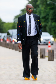 black jacket, black suits, black tie, black pants, white shirt, button details, button jacket, multicolor jacket, polka dots jacket, letter printed tie, scale sunglasses, louis vuitton sunglasses, black sneackers, yellow sneakers, virgil abloh, fashion week, frenchystyle, FW, jonathan paciullo, street style, PFW, PARIS, AUTUMN WINTER 2021-2022, FALL WINTER 2021-2022, FW 21-22, vertical, full length