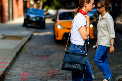 atmosphere details, black bag, blue denim, chloe, denim pants, detail, fashion week, frenchystyle, FW, horizontal, jeans, jonathan paciullo, leather bag, NEW YORK, NYFW, red bandana, SPRING SUMMER 2017, SS 17, street style, trousers, woman