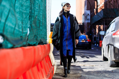 atmosphere details, AUTUMN WINTER 2016-2017, AW 16-17, backpack, black boots, black sweater, black turtleneck, blue dress, fashion week, frenchystyle, full length, FW, FW 16-17, grey coat, horizontal, irina kravchenko, jonathan paciullo, leather boots, model, NEW YORK, NYFW, street style, white beanie, woman, zip