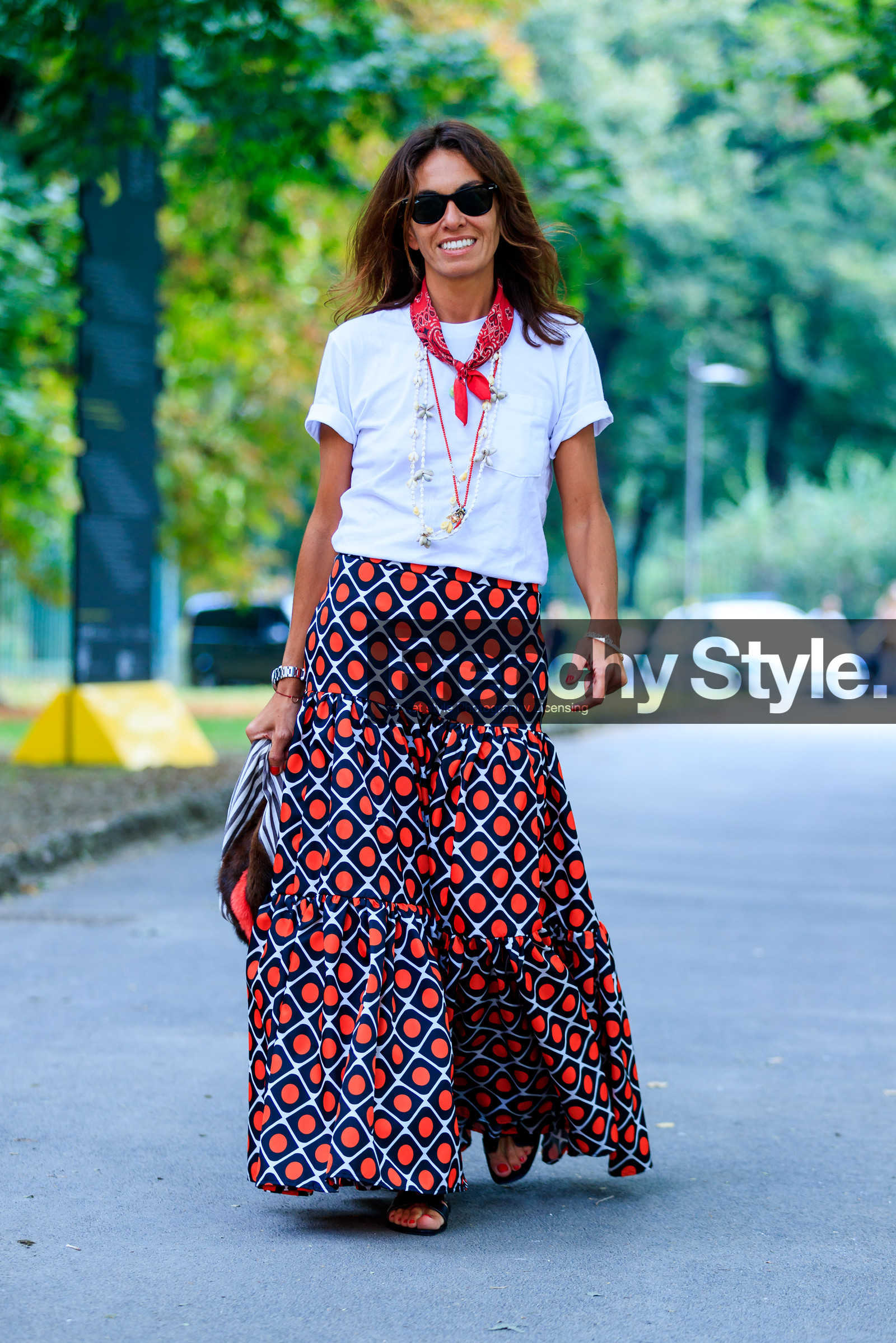 fashion week, frenchystyle, full length, FW, graphic skirt, jonathan paciullo, MFW, MILAN, polka dot, printed skirt, red bandana, SPRING SUMMER 2017, SS 17, street style, sunglasses, vertical, viviana volpicella, white t shirt