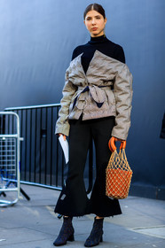 black denim, black shoes, black turtleneck, brown bag, checked, denim pants, fishnet, flare jean, high heels, jeans, leather bag, leather shoes, off the shoulder, plaid, trousers, fashion week, frenchystyle, FW, jonathan paciullo, street style, LFW, LONDON, AUTUMN WINTER 2018-2019, AW 18-19, FALL WINTER 2018-2019, FW 18-19, vertical, full length