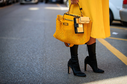 yellow dress, yellow jacket, jacket dress, long dress, belted dress, belted jacket, long sleeves dress, dress shirt, yellow bag, yellow leather bag, fendi bag, openwork bag, peekaboo bag, multi bag, hand bag, black boots, high boots, high heels boots, fendi boots, shoes detail, bag detail, fendi look, fendi dress, nina suess, fashion week, frenchystyle, FW, jonathan paciullo, street style, MFW, MILAN, SPRING SUMMER 2021, SS 21, horizontal, atmosphere details, detail