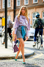 blue belt, blue scarf, bow collar, checked, emili sindlev, graphic bag, graphic skirt, green shoes, grey skirt, high heels, jw anderson, leather bag, leather shoes, plaid, polka dot, printed bag, printed shirt, printed skirt, purple bag, purple shirt, fashion week, frenchystyle, FW, jonathan paciullo, street style, LFW, LONDON, SPRING SUMMER 2019, SS 19, vertical, full length