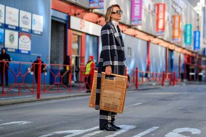 black coat, black pants, black shoes, checked, checked coat, checked pants, graphic bag, graphic jacket, graphic pants, high heels, leather shoes, plaid, printed jacket, printed pants, sunglasses, tartan, trousers, wood bag, street style, jonathan paciullo, FW, frenchystyle, fashion week, NYFW, NEW YORK, AUTUMN WINTER 2018-2019, AW 18-19, FALL WINTER 2018-2019, FW 18-19, atmosphere details, horizontal, full length, Rebecca Laurey