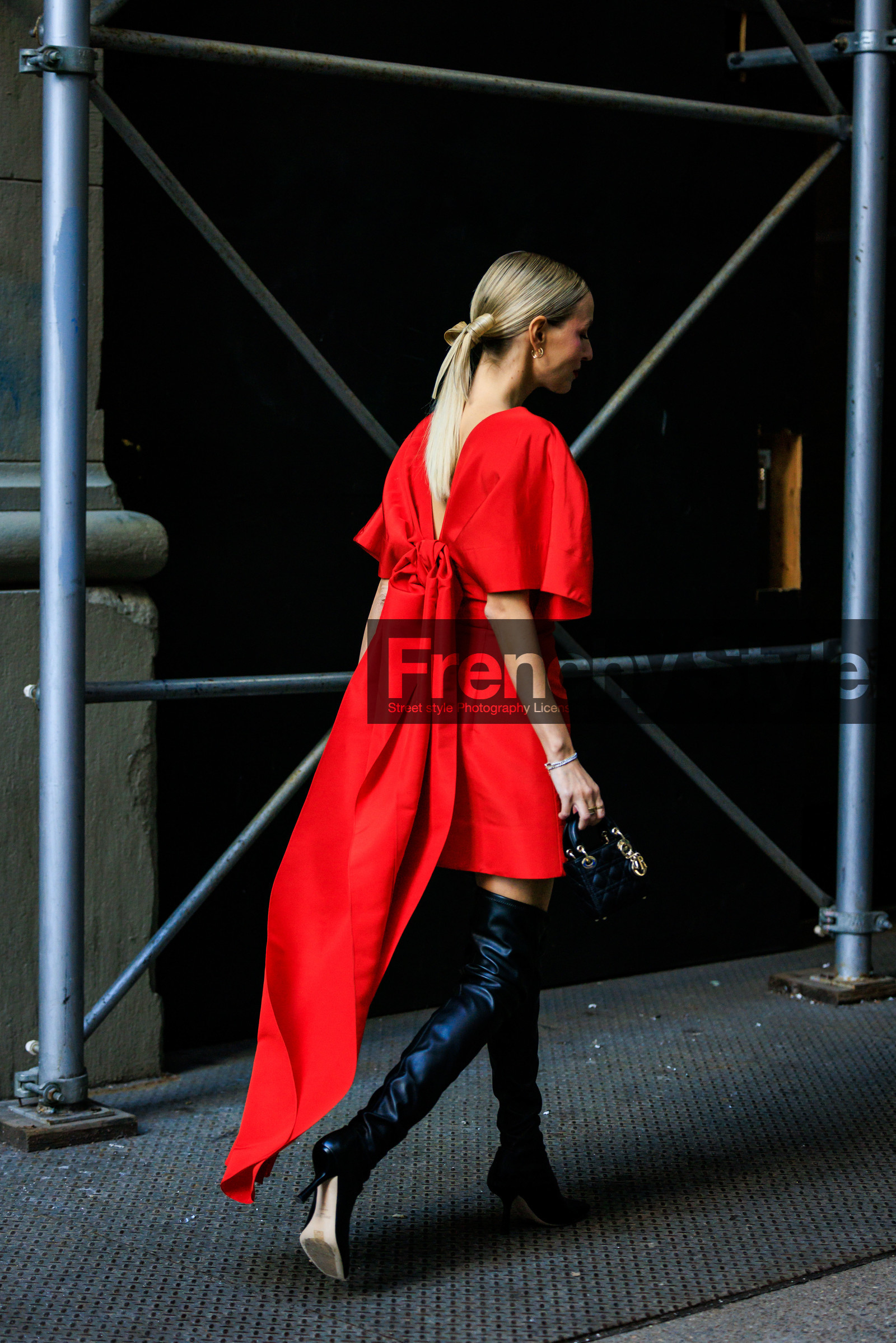 highknee boots, black highknee boots, black leather boots, red mini dress, long tale mini dress, mini dior bag, lady dior bag, black lady dior, full red look, leonie hanne, fashion week, frenchystyle, FW, jonathan paciullo, street style, NYFW, NEW YORK, AUTUMN WINTER 2022-2023, FALL WINTER 2022_2023, FW 22-23, vertical, full length