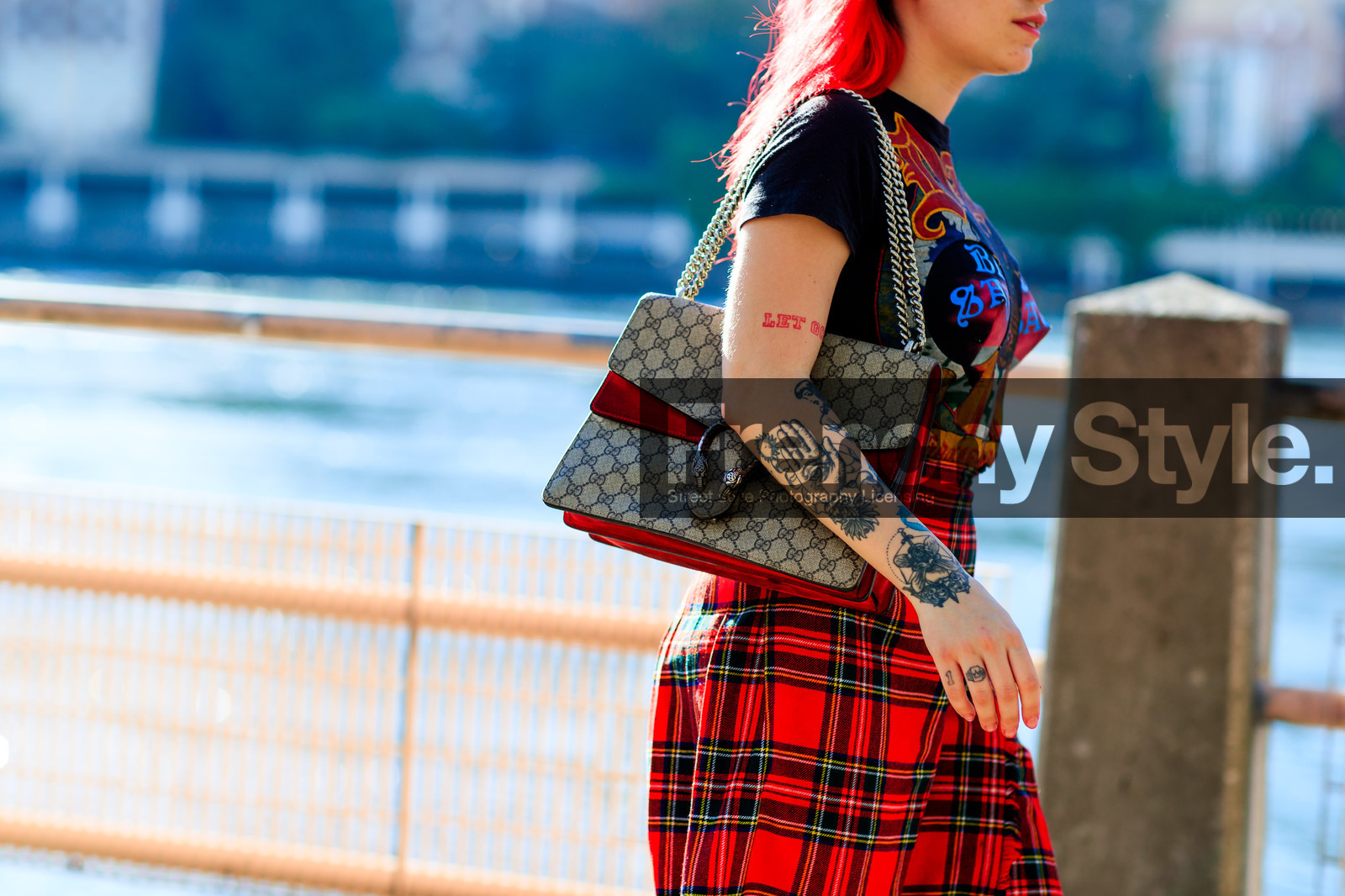 atmosphere details, black t shirt, checked skirt, detail, dyed hair, fashion week, frenchystyle, FW, gucci, horizontal, jonathan paciullo, monogram, NEW YORK, NYFW, plaid, printed bag, printed t shirt, red skirt, SPRING SUMMER 2017, SS 17, street style, tartan, tattoos, woman