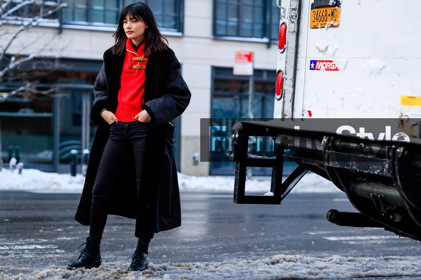atmosphere details, AUTUMN WINTER 2017-2018, AW 17-18, black boots, black coat, black sweater, FALL WINTER 2017-2018, fashion week, frenchystyle, full length, FW, FW 17-18, horizontal, jonathan paciullo, leather boots, model, NEW YORK, NYFW, red sweater, street style, trousers