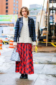 AUTUMN WINTER 2017-2018, AW 17-18, black boots, black jacket, black perfecto, checked skirt, FALL WINTER 2017-2018, fashion week, frenchystyle, full length, FW, FW 17-18, jonathan paciullo, leather bag, leather boots, leather jacket, leather perfecto, NEW YORK, NYFW, plaid, prada, printed bag, printed skirt, red skirt, street style, striped jacket, tartan, vertical, white bag, white sweater