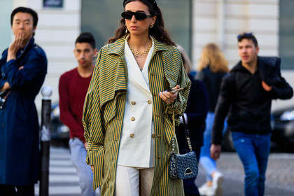 black bag, blue bag, christian dior, earrings, graphic bag, graphic jacket, green coat, leather bag, monogram, necklace, printed bag, printed jacket, striped coat, sunglasses, trousers, white jacket, white pants, white suit, fashion week, frenchystyle, FW, jonathan paciullo, street style, PFW, PARIS, AUTUMN WINTER 2019-2020, AW 19-20, FALL WINTER 2019-2020, FW 19-20, horizontal, atmosphere details, detail