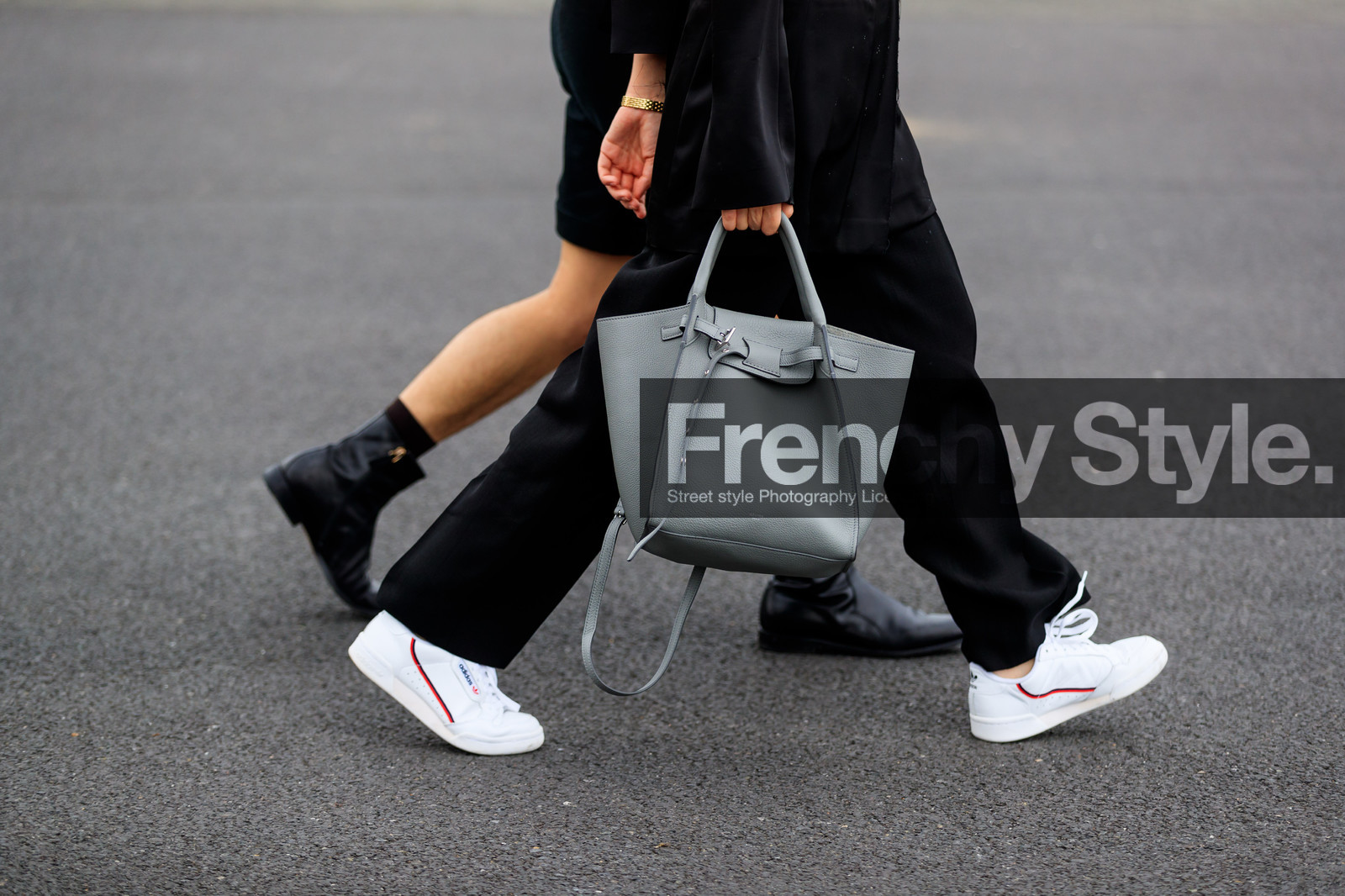 adidas, black pants, black shirt, céline, grey bag, leather bag, leather shoes, trousers, white sneakers, fashion week, frenchystyle, FW, jonathan paciullo, street style, PFW, PARIS, atmosphere details, horizontal, detail, AUTUMN WINTER 2018-2019, FALL WINTER 2018-2019, FW 18-19