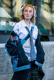 bead necklace, blue jacket, blue tie, blush, checked jacket, checked skirt, green skirt, hairstyle, jacket, lace, makeup, patchwork, pony tail, print, printed jacket, printed skirt, printed tie, ruggles, skirt, smartphone, sock, tartan skirt, tie, white shirt, fashion week, frenchystyle, FW, jonathan paciullo, street style, PFW, PARIS, SPRING SUMMER 2022, SS 22, vertical, atmosphere details