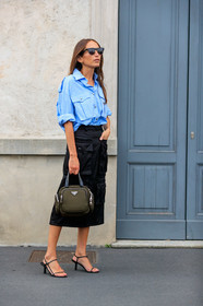 chloe loulou de saison, light blue shirt, safari shirt, safari skirt, black skirt, multi pocket skirt, prada bag, hand bag, kaki bag, butterfly sunglasses, metalic frame sunglasses, black leather sandals, high heels sandals, multi straps sandals, fashion week, frenchystyle, FW, jonathan paciullo, street style, MFW, MILAN, SPRING SUMMER 2020, SS 20
