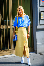 ada kokosar, blue bag, blue top, bracelet, bulgari, earrings, high heels, leather bag, leather shoes, necklace, watch, white boots, yellow skirt, fashion week, frenchystyle, FW, jonathan paciullo, street style, MFW, MILAN, SPRING SUMMER 2019, SS 19, vertical, full length