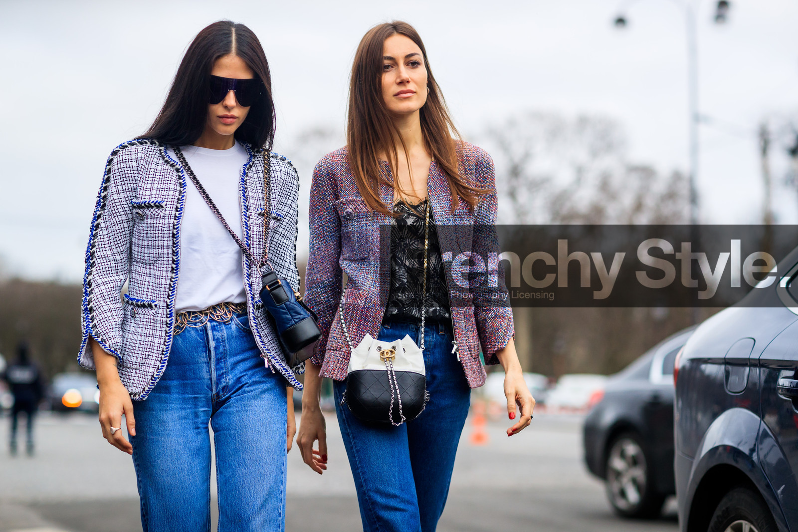 atmosphere details, AUTUMN WINTER 2017-2018, AW 17-18, black and white bag, black bag, black top, blazer, blue denim, chanel, checked jacket, denim pants, detail, FALL WINTER 2017-2018, fashion week, frenchystyle, FW, FW 17-18, gilda ambrosio, gingham, giorgia tordini, graphic jacket, horizontal, jeans, jonathan paciullo, leather bag, PARIS, PFW, plaid, printed jacket, purple jacket, street style, sunglasses, tartan, trousers, tweed jacket, white t shirt