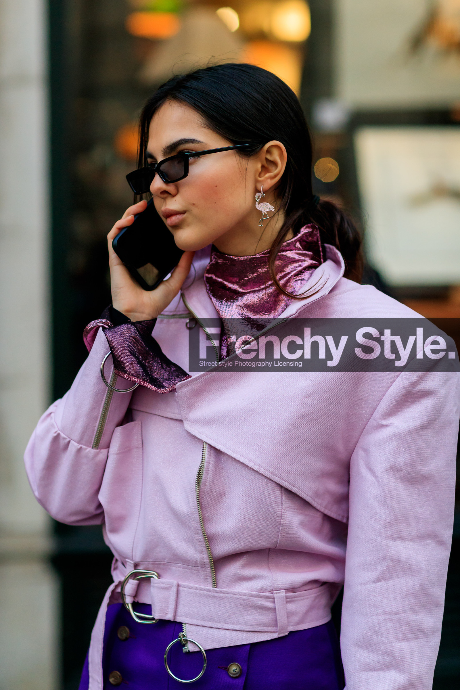 glitter, pink jacket, pink top, pleated skirt, purple skirt, sequined top, shiny top, sunglasses, fashion week, frenchystyle, FW, jonathan paciullo, street style, LFW, LONDON, AUTUMN WINTER 2018-2019, AW 18-19, FALL WINTER 2018-2019, FW 18-19, vertical, atmosphere details, detail, doina ciobanu