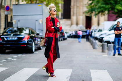 atmosphere details, black shirt, black sweater, dyed hair, earrings, fashion week, frenchystyle, full length, FW, high heels, horizontal, jonathan paciullo, leather bag, leather shoes, PARIS, PFW, red bag, red boots, red coat, red pants, rings, SPRING SUMMER 2017, SS 17, street style, studded bag, sunglasses, trousers