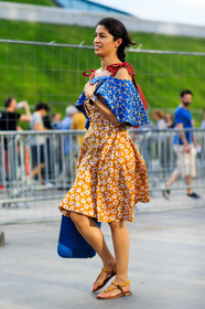 apple watch, blue, blue bag, camel sandals, caroline issa, fashion week, floral, flower, frenchystyle, full length, FW, jonathan paciullo, leather bag, MENSWEAR, off the shoulder, orange, orange dress, PARIS, PFW, printed dress, red, SPRING SUMMER 2017, SS 17, street style, vertical