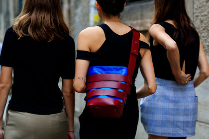 beige skirt, black dress, black t shirt, black tank top, checked, checked skirt, graphic bag, grey skirt, leather bag, plaid, printed bag, red bag, fashion week, frenchystyle, FW, jonathan paciullo, street style, PFW, PARIS, atmosphere details, horizontal, detail, AUTUMN WINTER 2018-2019, FALL WINTER 2018-2019, FW 18-19