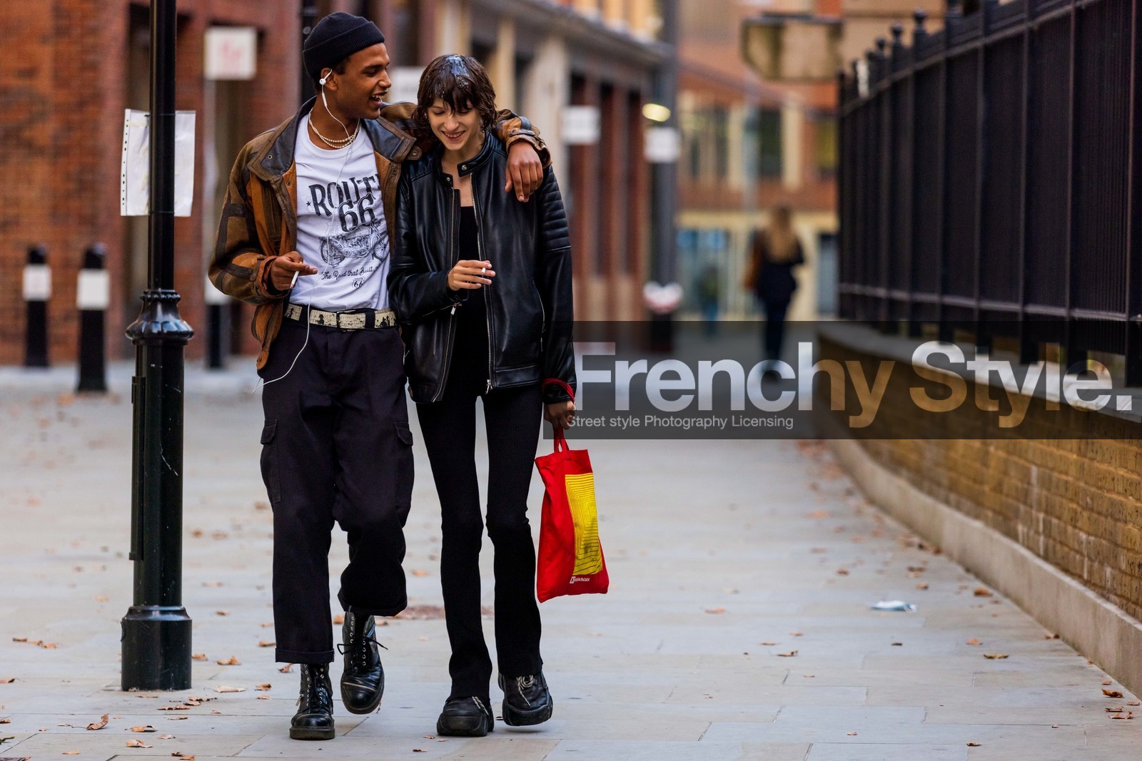 chino trousers, black, leather, jacket, military boots, tshirt, bomber jacket, beanie, leggins, tote bag, fashion week, frenchystyle, FW, jonathan paciullo, street style, SPRING SUMMER 2022, SS 22, LFW, LONDON, horizontal, full length, atmosphere details, model