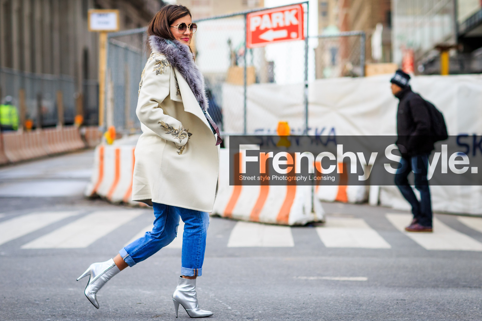 atmosphere details, AUTUMN WINTER 2016-2017, AW 16-17, blue denim, denim pants, embroidered coat, FALL WINTER 2016-2017, fashion week, frenchystyle, full length, fur collar, FW, FW 16-17, high boots, high heels, horizontal, jeans, jonathan paciullo, NEW YORK, NYFW, purple fur, silver shoes, street style, sunglasses, trousers, white coat, woman