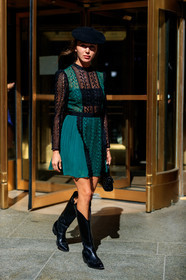 beret, black bag, black hat, black shoes, cowboy boots, emerald, graphic dress, green dress, high boots, lace, leather bag, leather shoes, mary leest, mini bag, printed dress, see through, fashion week, frenchystyle, FW, jonathan paciullo, street style, NEW YORK, NYFW, SPRING SUMMER 2020, SS 20, vertical, full length