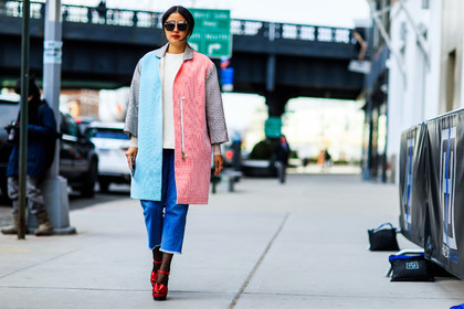 atmosphere details, AUTUMN WINTER 2016-2017, AW 16-17, blue, blue denim, denim pants, FALL WINTER 2016-2017, fashion week, frenchystyle, full length, FW, FW 16-17, graphic coat, high heels, horizontal, jeans, jonathan paciullo, NEW YORK, NYFW, pink, red, red shoes, street style, sunglasses, trousers, wedges, white, woman