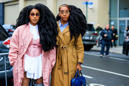 atmosphere details, AUTUMN WINTER 2017-2018, AW 17-18, beige coat, blue bag, blue shirt, bomber jacket, bustier top, Cipriana And Takenya Quann, detail, FALL WINTER 2017-2018, fashion week, frenchystyle, FW, FW 17-18, headband, horizontal, jonathan paciullo, leather bag, NEW YORK, NYFW, pink jacket, pink top, shirt dress, street style, sunglasses, trench coat, white shirt