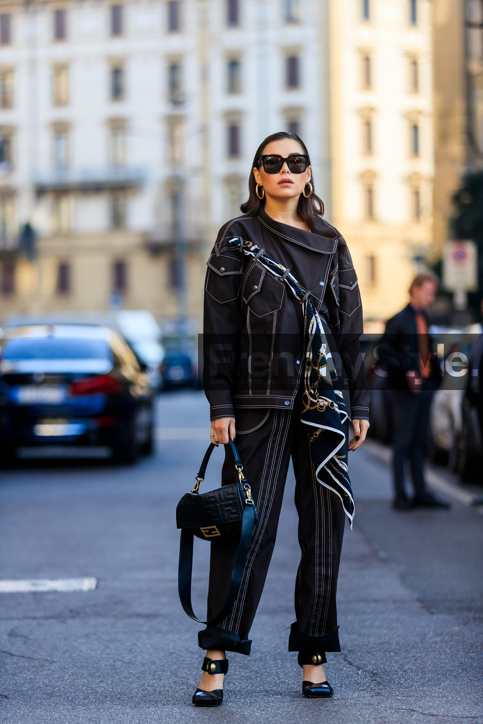 karina nigay, brown jacket, brown jeans, brown pants, wrap jacket, scarf detail, scarf, asymetrical jacket, black leather bag, monogrammed bag, fendi bag, hoop earrings, golden earrings, printed scarf, black scarf, striped jacket, striped jeans, striped pants, multi pocket jacket, black leather shoes, square shape glasses, fashion week, frenchystyle, FW, jonathan paciullo, street style, MFW, MILAN, AUTUMN WINTER 2020-2021, FALL WINTER 2020-2021, FW 20-21, vertical, full length