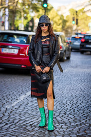 animal print, bag, Barbara Malewicz, black and white sunglasses, black bag, black bob, black dress, black perfecto, bob, boots, dress, green boots, leather bag, leather boots, leather dress, leather perfecto, maison michel hat, perfecto, print, printed bob, printed dress, sunglasses, street style, jonathan paciullo, FW, frenchystyle, fashion week, PFW, PARIS, SPRING SUMMER 2022, SS 22, vertical, full length