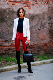 AUTUMN WINTER 2017-2018, AW 17-18, black bag, black shoes, black t shirt, blazer, eyeliner, eyeshadow, FALL WINTER 2017-2018, fashion week, frenchystyle, full length, FW, FW 17-18, gucci, high boots, high heels, jonathan paciullo, leather bag, leather pants, leather shoes, MFW, MILAN, model, red pants, street style, trousers, vertical, white jacket
