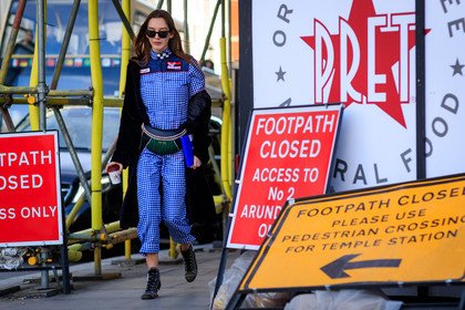 black fur coat, blue jumpsuit, check jumpsuit, checked, fanny pack, gingham, graphic jumpsuit, graphic pants, green bag, green boots, high heels, leather bag, leather shoes, miu miu, off the shoulder, plaid, printed jumpsuit, printed pants, printed shoes, sunglasses, trousers, fashion week, frenchystyle, FW, jonathan paciullo, street style, LFW, LONDON, AUTUMN WINTER 2018-2019, AW 18-19, FALL WINTER 2018-2019, FW 18-19, horizontal, atmosphere details, full length, estelle pigault