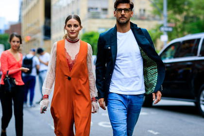 black jacket, blazer, blue denim, denim pants, jeans, lace shirt, olivia palermo, orange jumpsuit, sunglasses, trousers, white blouse, white t shirt, street style, jonathan paciullo, FW, frenchystyle, fashion week, NYFW, NEW YORK, SPRING SUMMER 2019, SS 19, atmosphere details, horizontal, detail