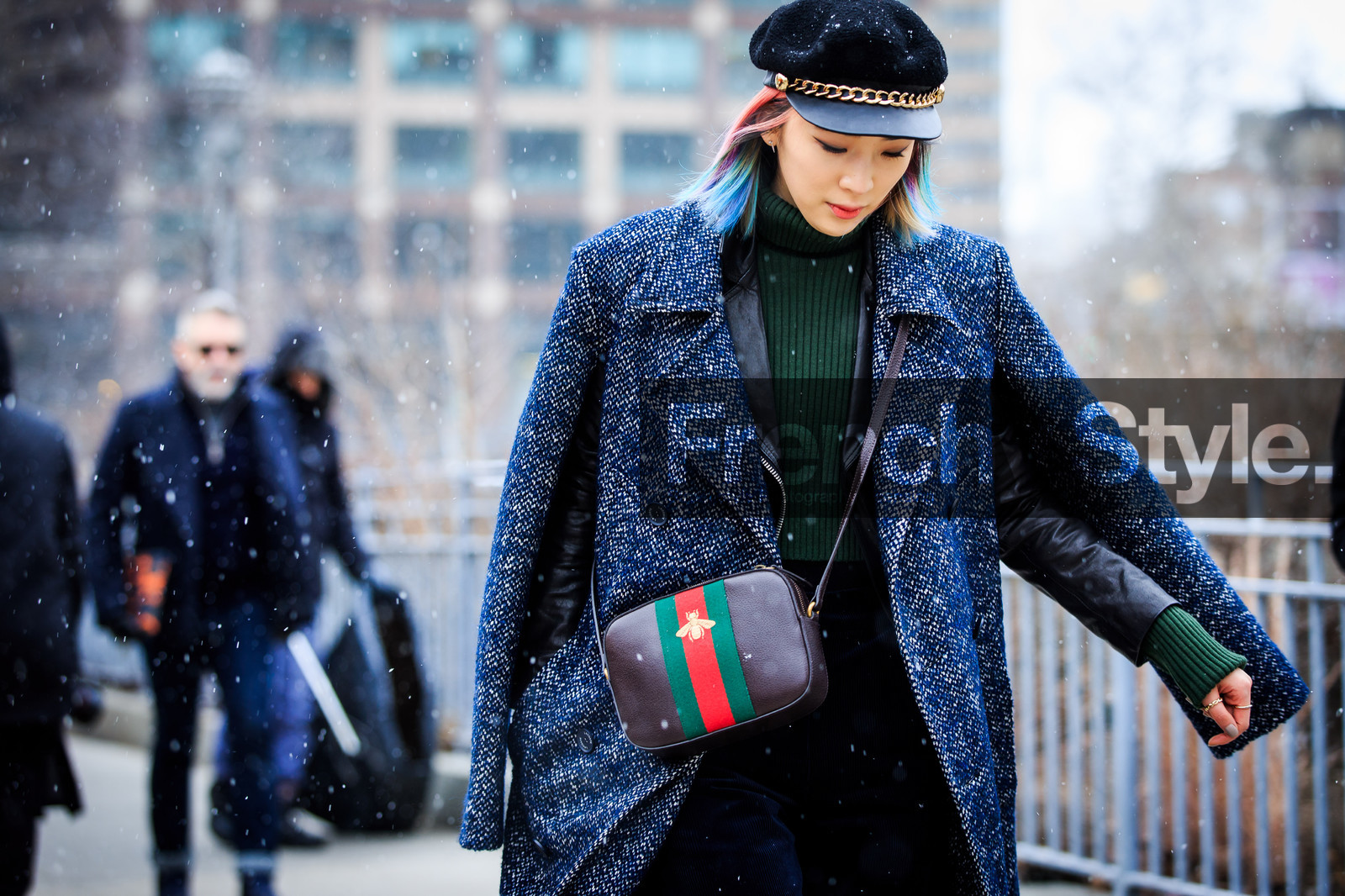 atmosphere details, AUTUMN WINTER 2016-2017, AW 16-17, black hat, black jacket, black perfecto, blue coat, detail, fashion week, frenchystyle, FW, FW 16-17, green sweater, grey coat, gucci, horizontal, irene kim, jonathan paciullo, leather bag, leather jacket, leather perfecto, NEW YORK, NYFW, over the shoulder, printed bag, street style, stripes, turtleneck sweater, woman