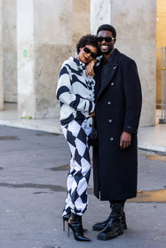 bicolor, black and white, black boots, black coat, black pants, black shirt, black sunglasses, boots, coat, diamond print, Didi Stone, duo, Jean-Philippe Phiné N'djoli, leather boots, long coat, menswear, print, printed pants, printed shirt, rectangle sunglasses, sunglasses, white pants, white shirt, fashion week, frenchystyle, FW, jonathan paciullo, street style, PFW, PARIS, SPRING SUMMER 2022, SS 22, vertical, full length