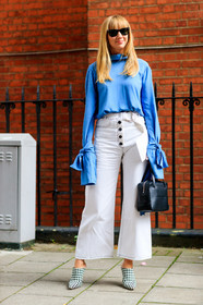black and white shoes, black bag, blue shirt, christina paik, denim pants, fashion week, frenchystyle, full length, FW, gingham, graphic shoes, high heels, high waist, jeans, jonathan paciullo, leather bag, leather shoes, LFW, lisa aiken, LONDON, printed shoes, SPRING SUMMER 2018, SS 18, street style, trousers, vertical, white denim