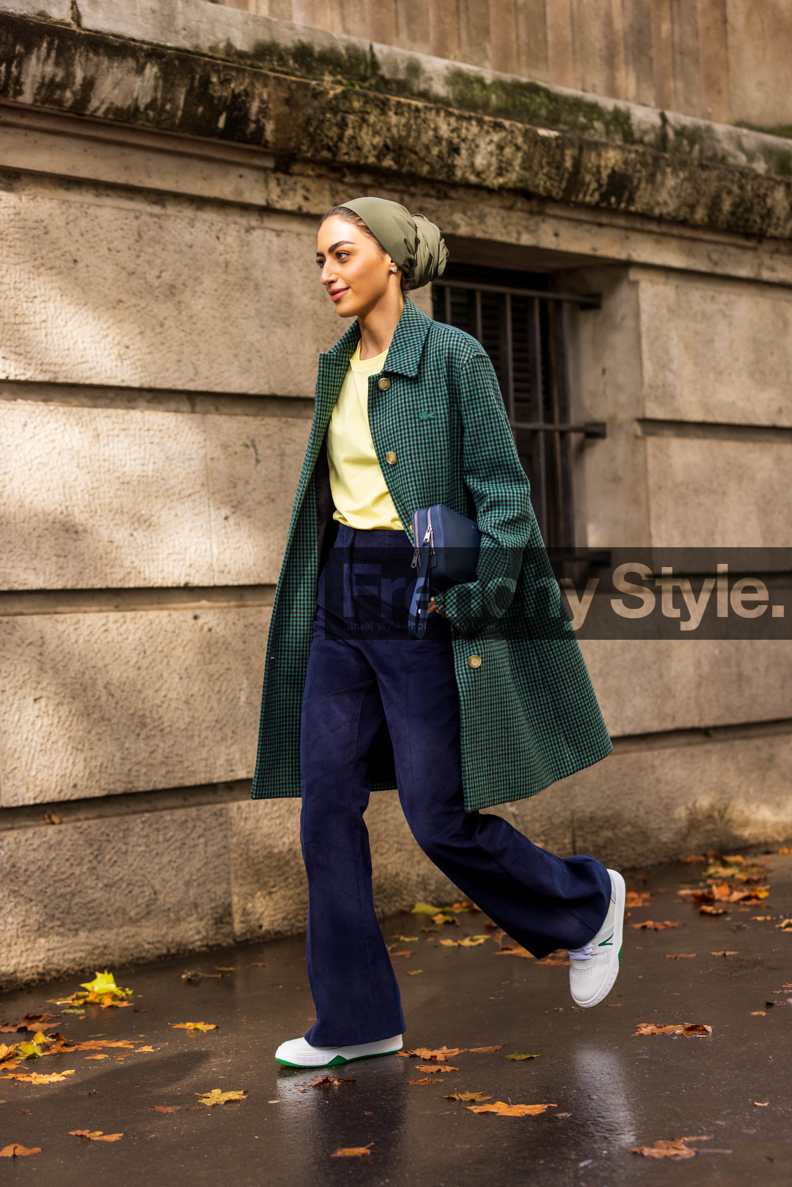 bag, blue bag, check, checked coat, coat, flare pants, green coat, hairstyle, head scarf, khaki scarf, lacoste look, navy pants, pants, print, sneakers, velvet pants, white sneakers, Yara Alnamiah, yellow t-shirt, lacoste, fashion week, frenchystyle, FW, jonathan paciullo, street style, PFW, PARIS, SPRING SUMMER 2022, SS 22, vertical, full length