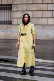 yoyo cao, light yellow leather coat, bottega veneta coat, turtleneck top, black leather boots, flat boots, laced boots, high boots, prada boots, big sole boots, PARIS, PFW, SPRING SUMMER 2020, SS 20, fashion week, frenchystyle, FW, jonathan paciullo, street style, vertical, full length