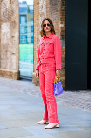 corduroy, leather bag, leather shoes, pink jacket, pink pants, pink shoes, purple bag, sunglasses, trousers, fashion week, frenchystyle, FW, jonathan paciullo, street style, LFW, LONDON, SPRING SUMMER 2019, SS 19, vertical, full length