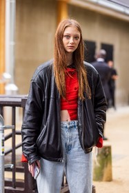 black jacket, denim, jacket, jeans, leather jacket, ligh denim, red top, Sara Grace Wallerstedt, straight jeans, top, fashion week, frenchystyle, FW, jonathan paciullo, street style, PFW, PARIS, SPRING SUMMER 2022, SS 22, vertical, atmosphere details, model